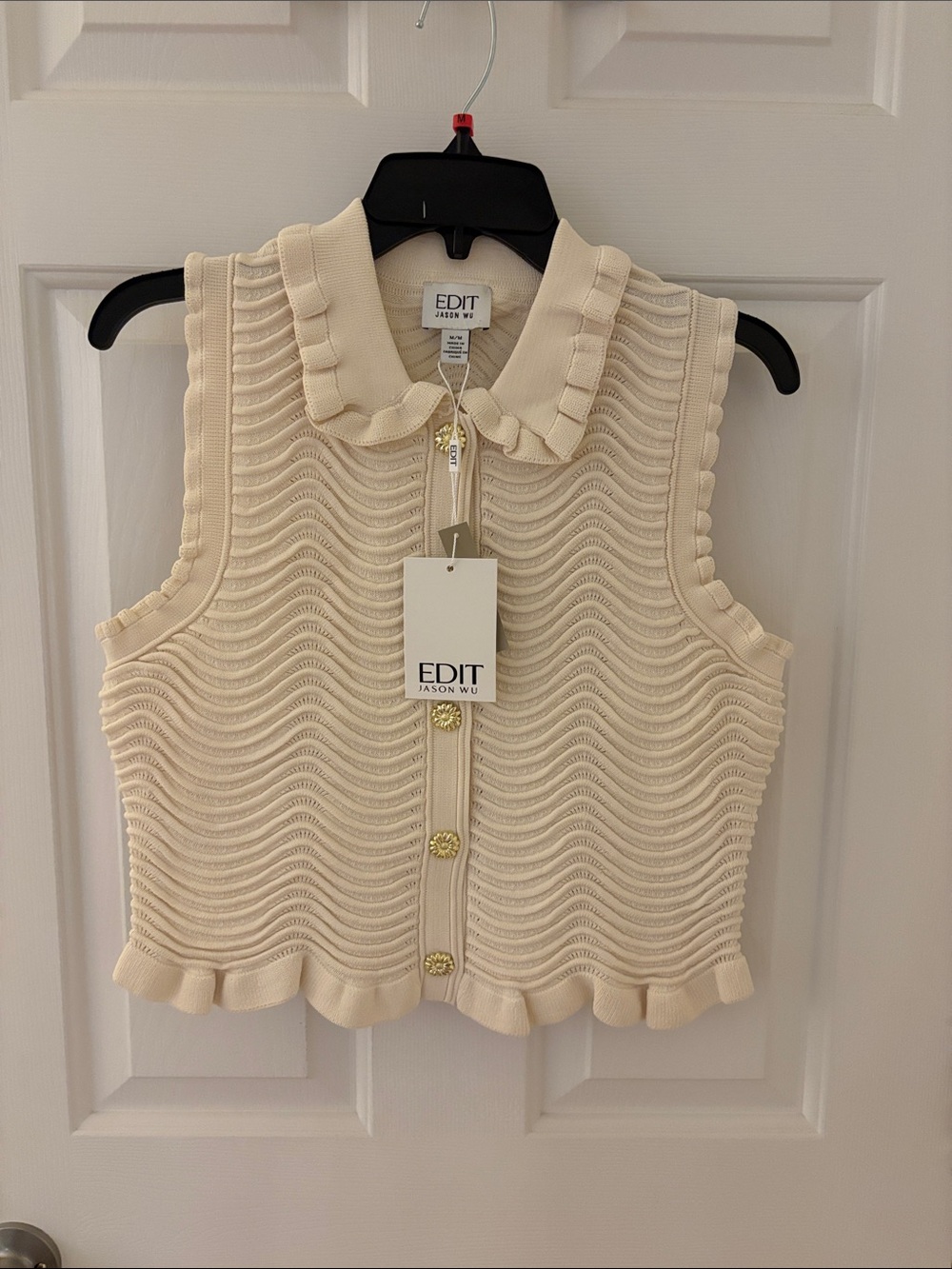 Jason Wu Cream Ruffle-Trim Knit Tank with Gold Buttons